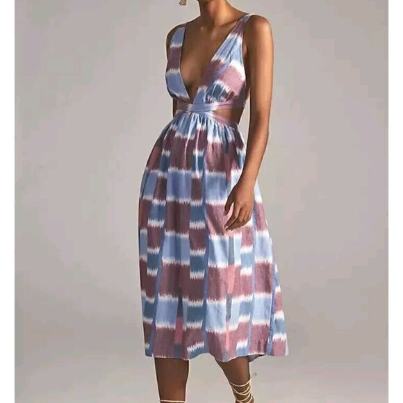 Anthropologie Deep-V Midi Cut Out Strappy Dress Blue Red Watercolor S - Picture 4 of 14
